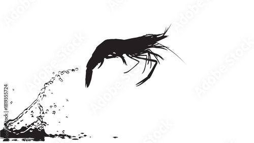 Dramatic silhouette of a shrimp diving into water with splash, perfect for seafood branding or artistic culinary designs, creating a dynamic and eye catching visual