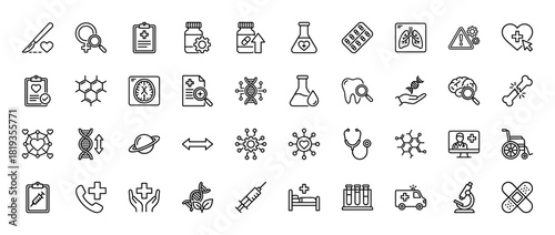 Medical and healthcare line icon set. Vector pictograms of flask, pill bottle, pills, scalpel, DNA, stethoscope, syringe, and ambulance, thin linear illustration.