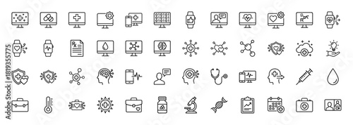 Medical technology line icon set. Vector pictograms of digital health, smartwatches, monitors, brain, stethoscope, syringe, DNA, and lab equipment, thin linear illustration.