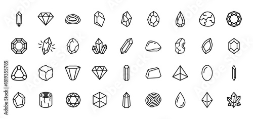 Gems and minerals line icon set. Vector pictograms of cut diamonds, rough stones, faceted gemstones, and natural crystals, thin linear illustration.