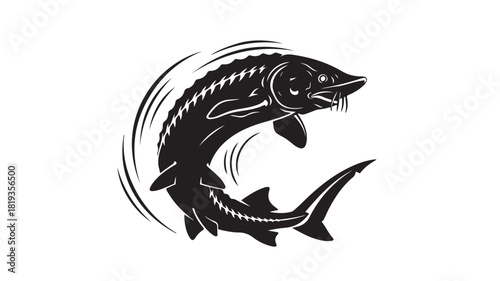 Majestic sturgeon leaping powerfully from the water in bold silhouette, an icon of strength and resilience, perfect for conservation, fishing, or nature themes
