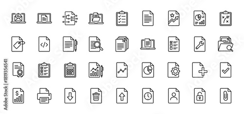 Document administration line icon set. Vector pictograms of files, charts, reports, security, cloud, email, search, and settings, thin linear illustration.