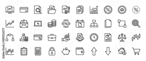 Business and finance line icon set. Vector pictograms of documents, charts, money, credit card, calendar, shopping cart, and data analytics tools, thin linear illustration.