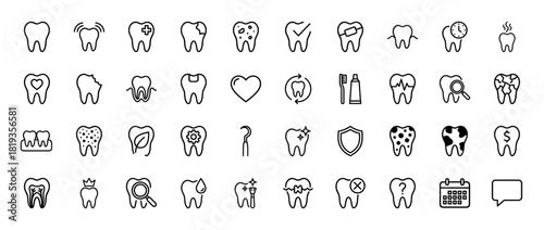 Dentistry line icon set. Vector pictograms of tooth, healthy, decay, pain, repair, checkup, crown, root, and hygiene, thin linear illustration.