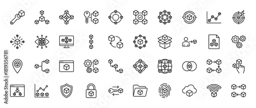 Blockchain and data technology line icon set. Vector pictograms of connected blocks, network nodes, data security, smart contract, and digital assets, thin linear illustration.