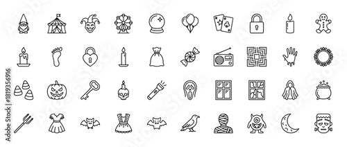 Halloween and fantasy line icon set. Vector pictograms of pumpkins, ghosts, bats, Frankenstein monster, cauldron, carnival tent, Ferris wheel, and crystal ball, thin linear illustration.