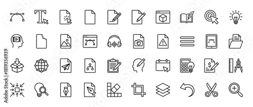 Design and development line icon set. Vector pictograms of pen tools, documents, web interfaces, ideas, folders, brushes, and editing elements, thin linear illustration.