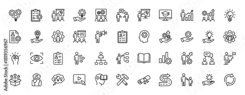 Business management and education line icon set. Vector pictograms of teamwork, strategy, innovation, learning, growth, and analytics, thin linear illustration.