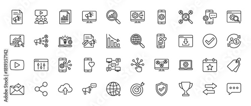 Digital marketing line icon set. Vector pictograms of computers, smartphones, megaphones, charts, social networks, and analytics, thin linear illustration.