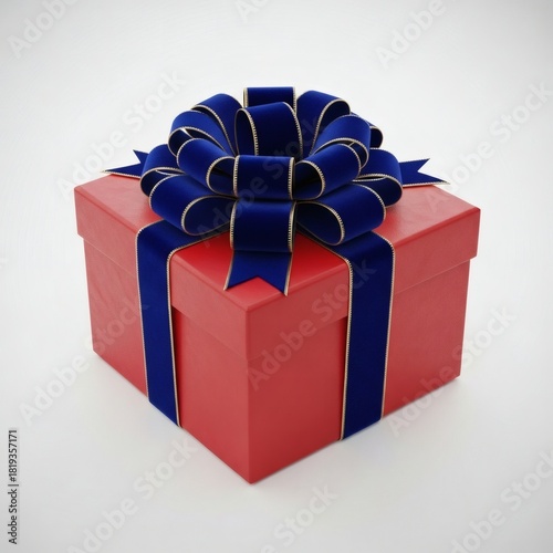 A vibrant red gift box elegantly wrapped with a luxurious royal blue velvet ribbon and a large intricate bow, isolated on a clean white background, symbolizing a surprise for a special occasion