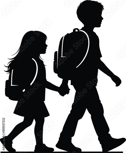 Little Brother and Big Sister Walking Hand in Hand with Backpacks to School, Ready for Learning and Education, Childhood Journey, Back to School Concept, Simple Silhouette Vector.