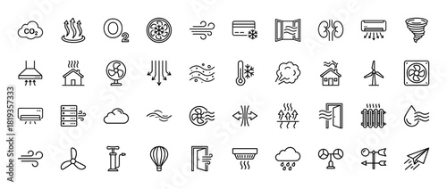 HVAC, ventilation, and weather line icon set. Vector pictograms of air conditioning, heating, fans, wind, temperature, clouds, and natural elements, thin linear illustration.