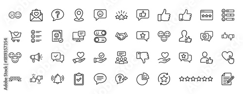 Feedback and rating line icon set. Vector pictograms of emoticons, stars, speech bubbles, thumbs up, handshake, surveys, and customer support, thin linear illustration.