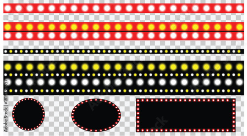 Retro glowing light strips and frames set for carnival, stage, casino, or event design with bright bulbs effect.