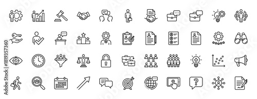 Business line icon set. Vector pictograms of handshake, briefcase, gear, growth graph, team, resume, target, and lightbulb, thin linear illustration.