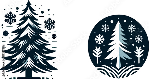 Snowy pine tree logo vector white background .