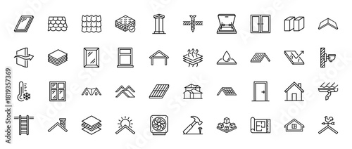 Construction and roofing icon set. Vector pictograms of windows, roofs, materials, tools, and building elements, thin linear illustration.