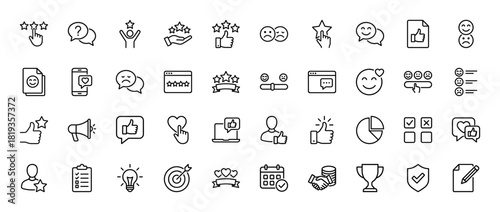 Customer feedback and satisfaction line icon set. Vector pictograms of star ratings, thumbs up, smileys, surveys, reviews, data analysis, and goals, thin linear illustration.