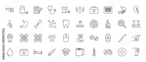 Healthcare line icon set. Vector pictograms of stethoscope, medical cross, pills, ambulance, X-ray, microscope, and hospital bed, thin linear illustration.