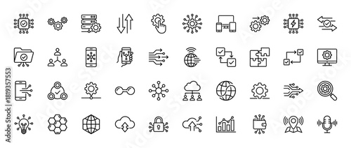 Technology line icon set. Vector pictograms of network, chip, server, folder, cloud, globe, lock, chart, smartphone, document, and gears, thin linear illustration.