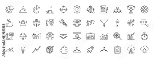 Business strategy line icon set. Vector pictograms of target, chart, trophy, rocket, funnel, gears, handshake, calendar, and lightbulb, thin linear illustration.