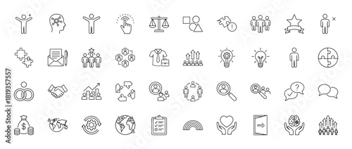 Business and human resources line icon set. Vector pictograms of team, growth, communication, success, finance, and global concepts, thin linear illustration.