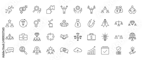 Business and human resources line icon set. Vector pictograms of teamwork, strategy, finance, innovation, communication, recruitment, and growth, thin linear illustration.