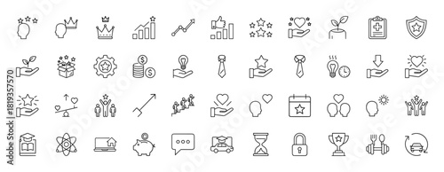 Success, business, and lifestyle thin line vector icon set. Pictograms for growth, achievement, finance, security, and personal development concepts.