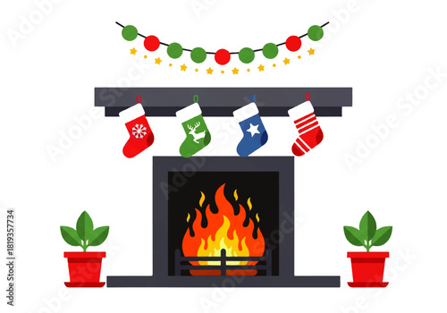 Festive fireplace with stockings and garland, potted plants on either side.