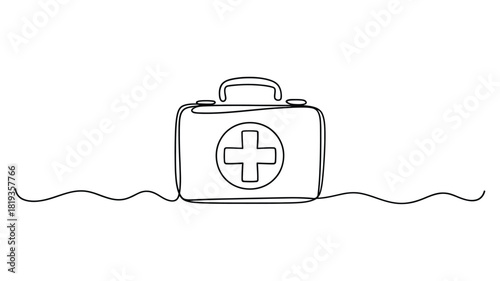Continuous line drawing of a first aid kit with a medical cross
