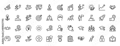 Business and success line icon set. Vector pictograms of growth charts, targets, ideas, rockets, trophies, medals, and diplomas, thin linear illustration.