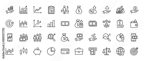 Finance and business line icon set. Vector pictograms of bar charts, money bags, hands with coins, graphs, wallets, clipboards, piggy banks, and target, thin linear illustration.