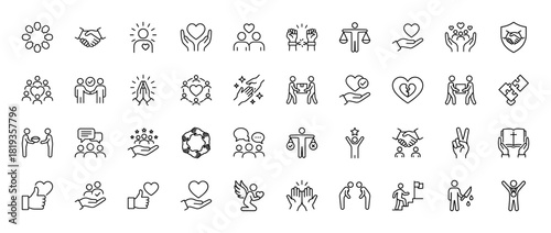 Human values and social relationship line icon set. Vector pictograms of hearts, hands, handshake, teamwork, communication, justice, and achievement, thin linear illustration.