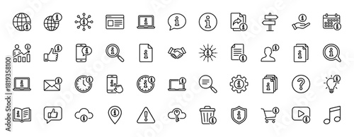 Information line icon set. Vector pictograms of browser, laptop, globe, document, calendar, smartphone, lightbulb, shield, and shopping cart, thin linear illustration.