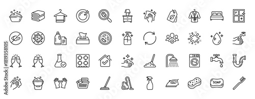 Cleaning and hygiene line icon set. Vector pictograms of wiping, washing, vacuuming, laundry, dishes, sanitation, virus prevention, and household tasks, thin linear illustration.