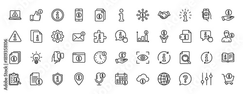 Information and user interface line icon set. Vector pictograms of data, mobile, document, warning, settings, security, calendar, and support concepts, thin linear illustration.