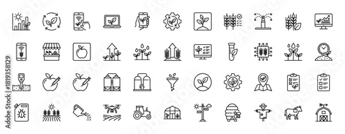 Smart agriculture line icon set. Vector pictograms of plants, crops, irrigation, drone, tractor, greenhouse, and market stall, thin linear illustration.