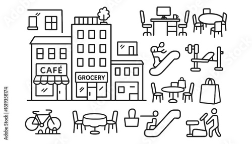 City lifestyle vector illustration with cafe and grocery store