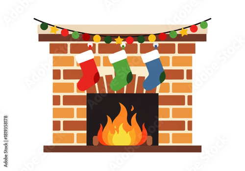 Festive fireplace with stockings and garland, creating a cozy holiday scene.