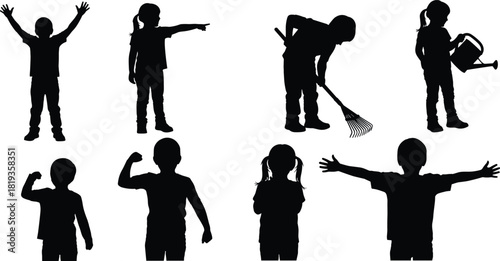 Children silhouette set, expressive poses, playful gestures, activity icons, black figures on white, dynamic movement, childhood behavior, interaction, emotion, action illustration