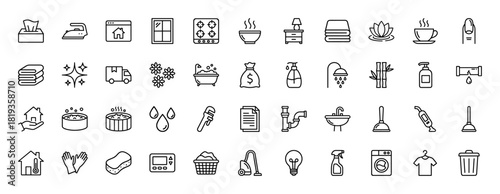 Home and household line icon set. Vector pictograms of furniture, kitchen appliances, cleaning tools, laundry, bathing, and personal care items, thin linear illustration.