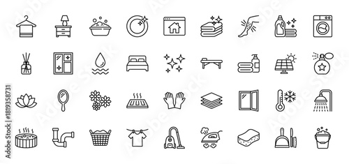 Home care, hygiene, and spa line icon set. Vector pictograms of laundry, cleaning supplies, personal care, and relaxation items, thin linear illustration.