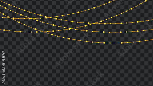 Hanging yellow string fairy lights, decorative glowing electric bulbs creating a festive illumination for celebrations and joy