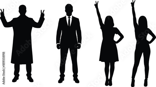 Success Celebration Silhouette: Diverse Group of Business Professionals, Man in Long Coat and Suit, Two Women in Dresses, Cheering with Victory Sign, Full Body View, Isolated on White Background.