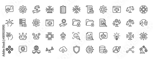Artificial intelligence, technology, and data line icon set. Vector pictograms of AI brains, robots, data analysis, legal scales, automation, and cybersecurity concepts, thin linear illustration.