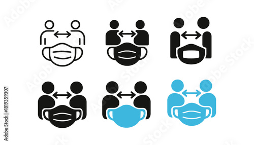 Social distancing and mask wearing covid safety icon set vector