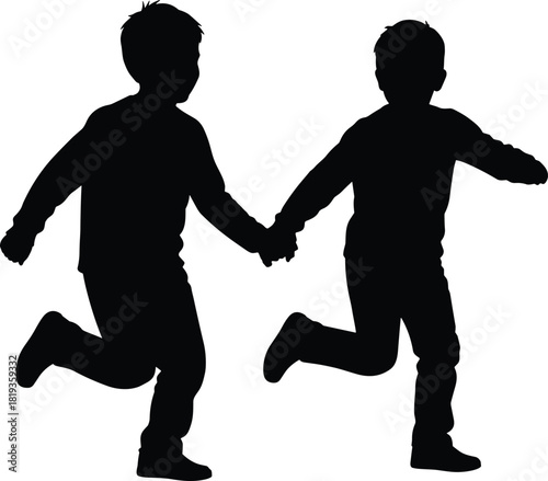 Title: Silhouette of two young, happy boys running and holding hands, symbolizing childhood friendship, brotherhood, freedom, unity, family bonding, and carefree joyful energy on a white background,