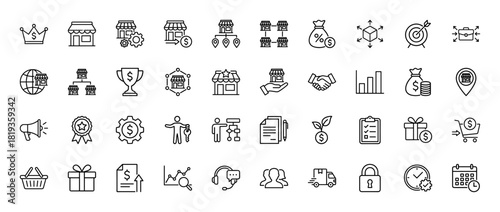 Business and franchise line icon set. Vector pictograms of storefronts, money, strategy, delivery, and commerce concepts, thin linear illustration.