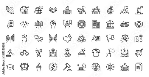Government, social, and global affairs line icon set. Vector pictograms of parliament, justice, military, protest, education, communication, and urban development, thin linear illustration.