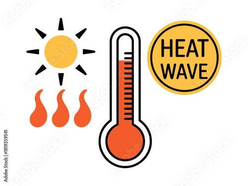 Thermometer indicates high temperature during a heat wave with a shining sun